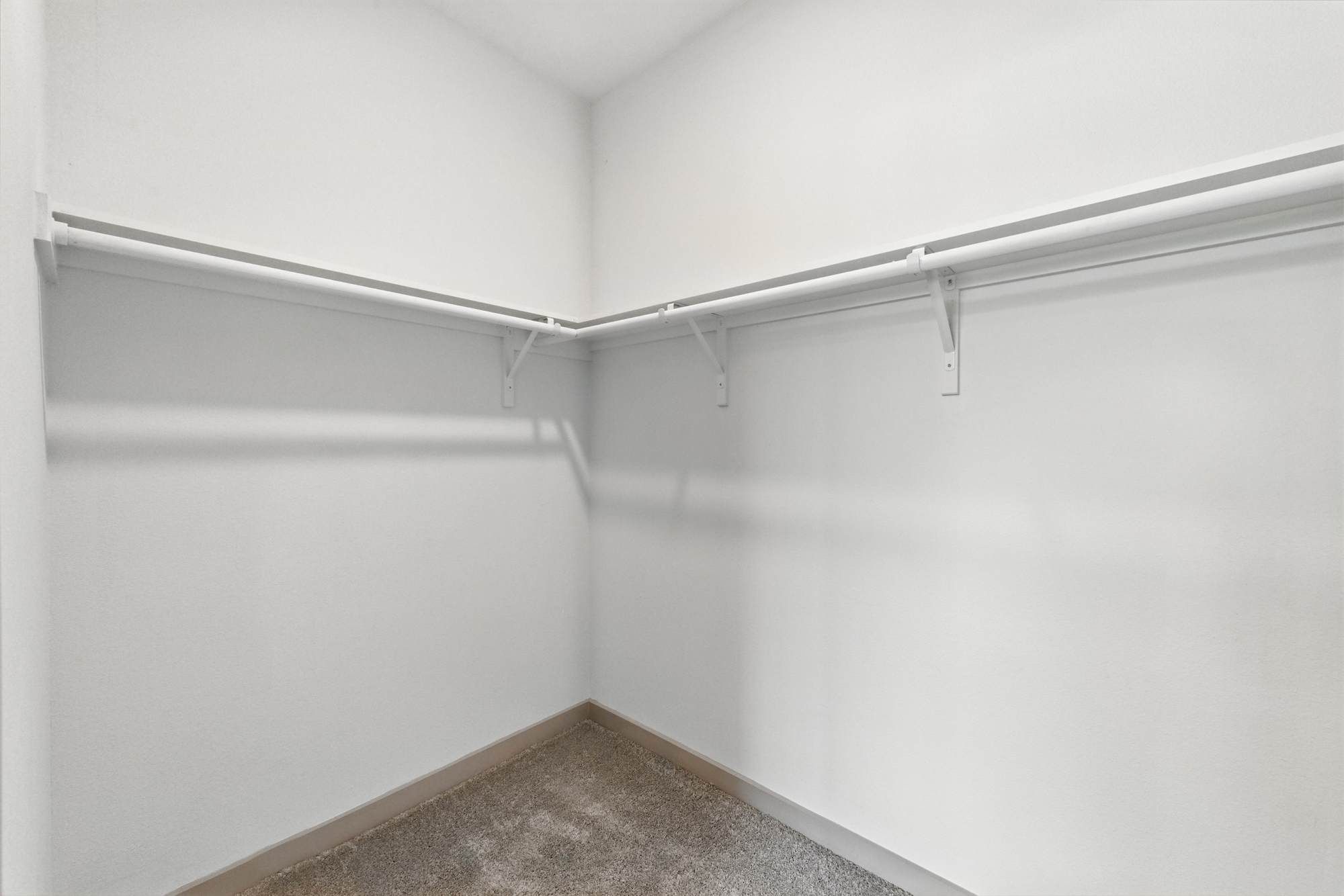 Walk-in closet at Ryder Ridge with built-in shelving and neutral carpeting.